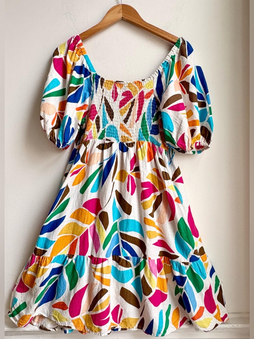 Tabitha Brown bright colorful Artsy linen blend smocked puff sleeve sundress Med - Picture 4 of 5